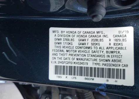 2019 Honda Civic Lx from USA, damaged, VIN 2HGFC2F61KH534519